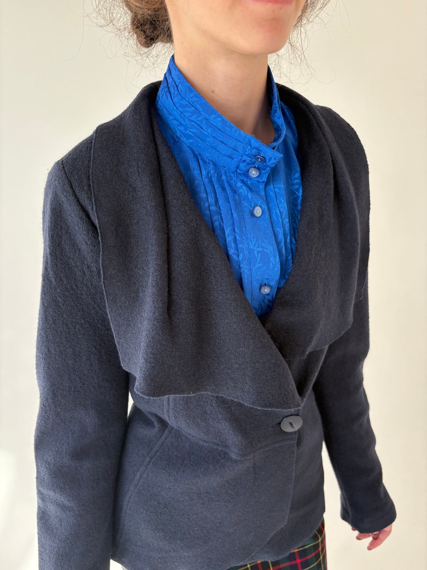 Sacou italian dark blue gray cu guler supradimensionat din lana de toamnă