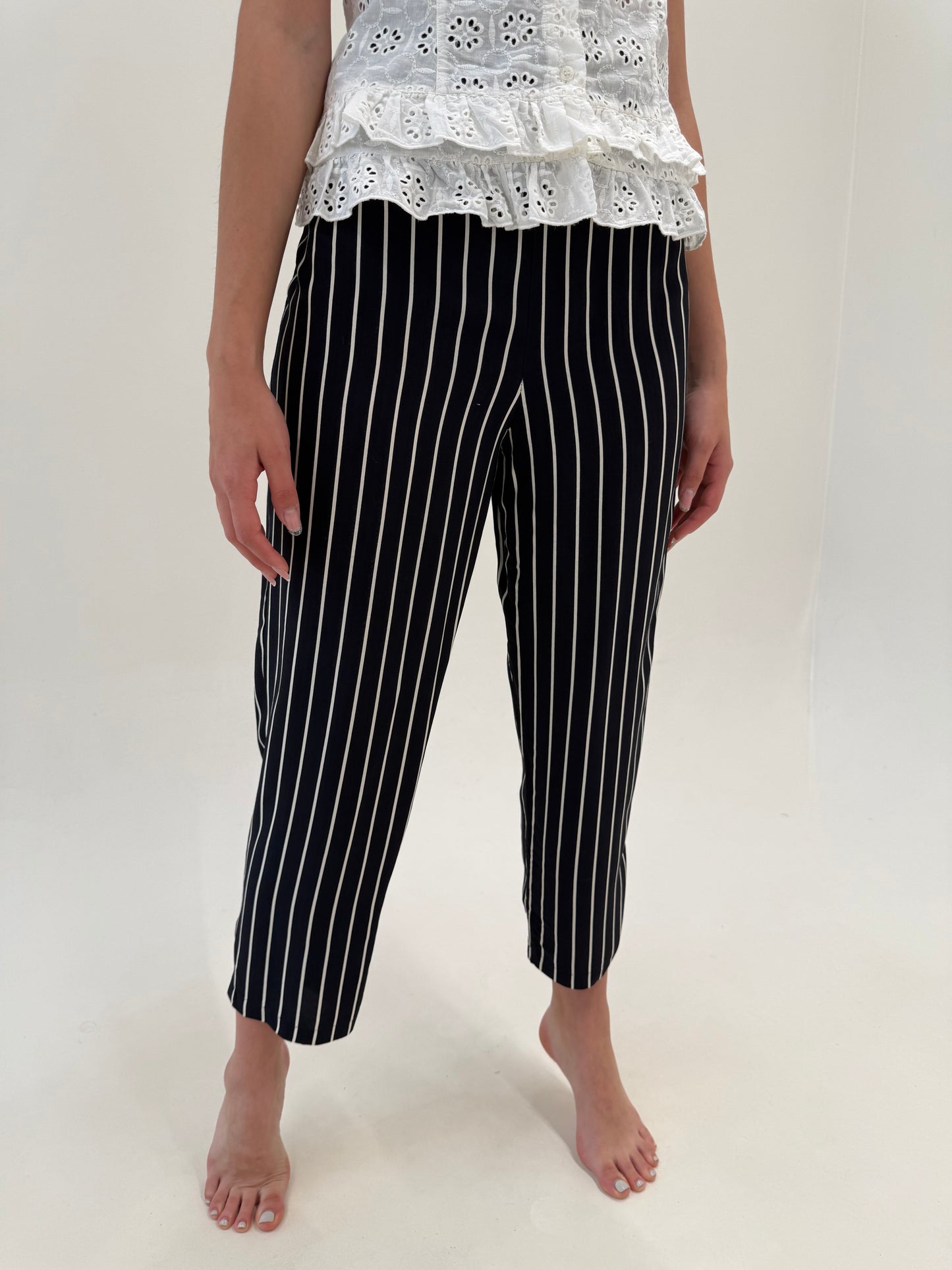 Pantaloni super vaporoși de vară Navy cu dungi verticale și talie elastică