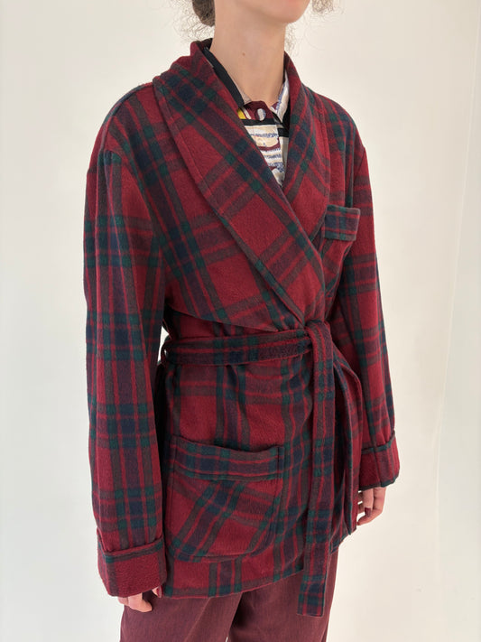 Sacou burgundy cu cordon din tweed extrafin plin de lana