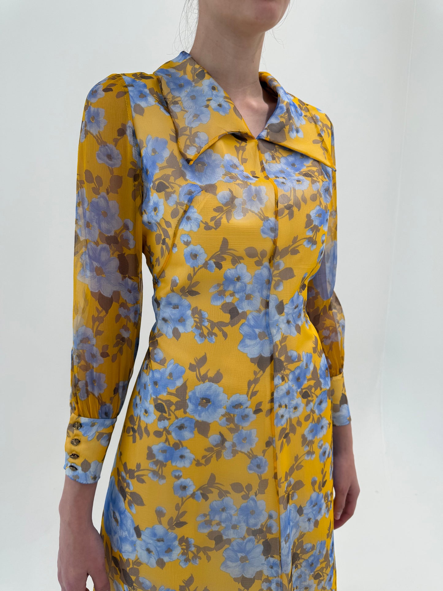 Rochie maxi vintage din chiffon de mătase naturală cu print superb floral baby blue