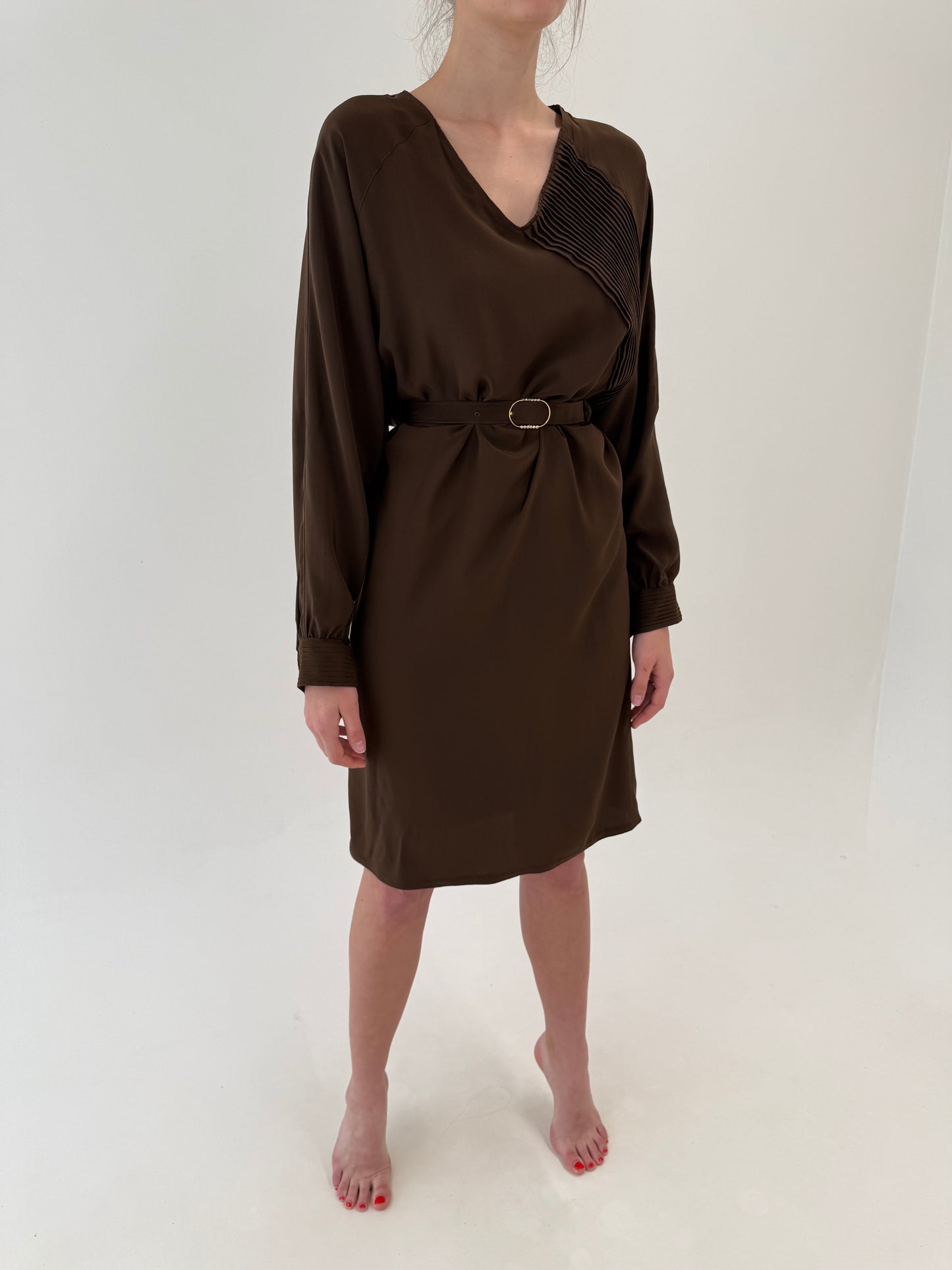Rochie vintage din mătase naturală în croi retro modern cu centura proprie