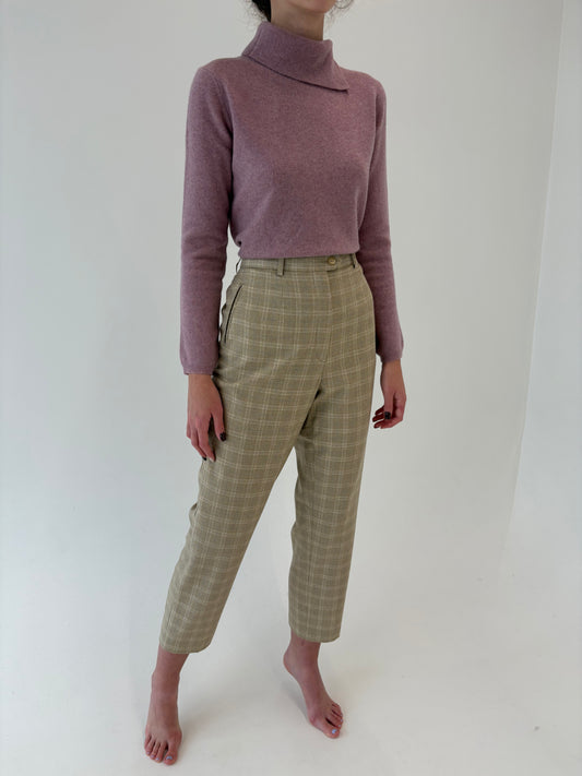 Pantaloni camel cu talie ultra înaltă țigaretă din lana extrafina în carouri baby blue