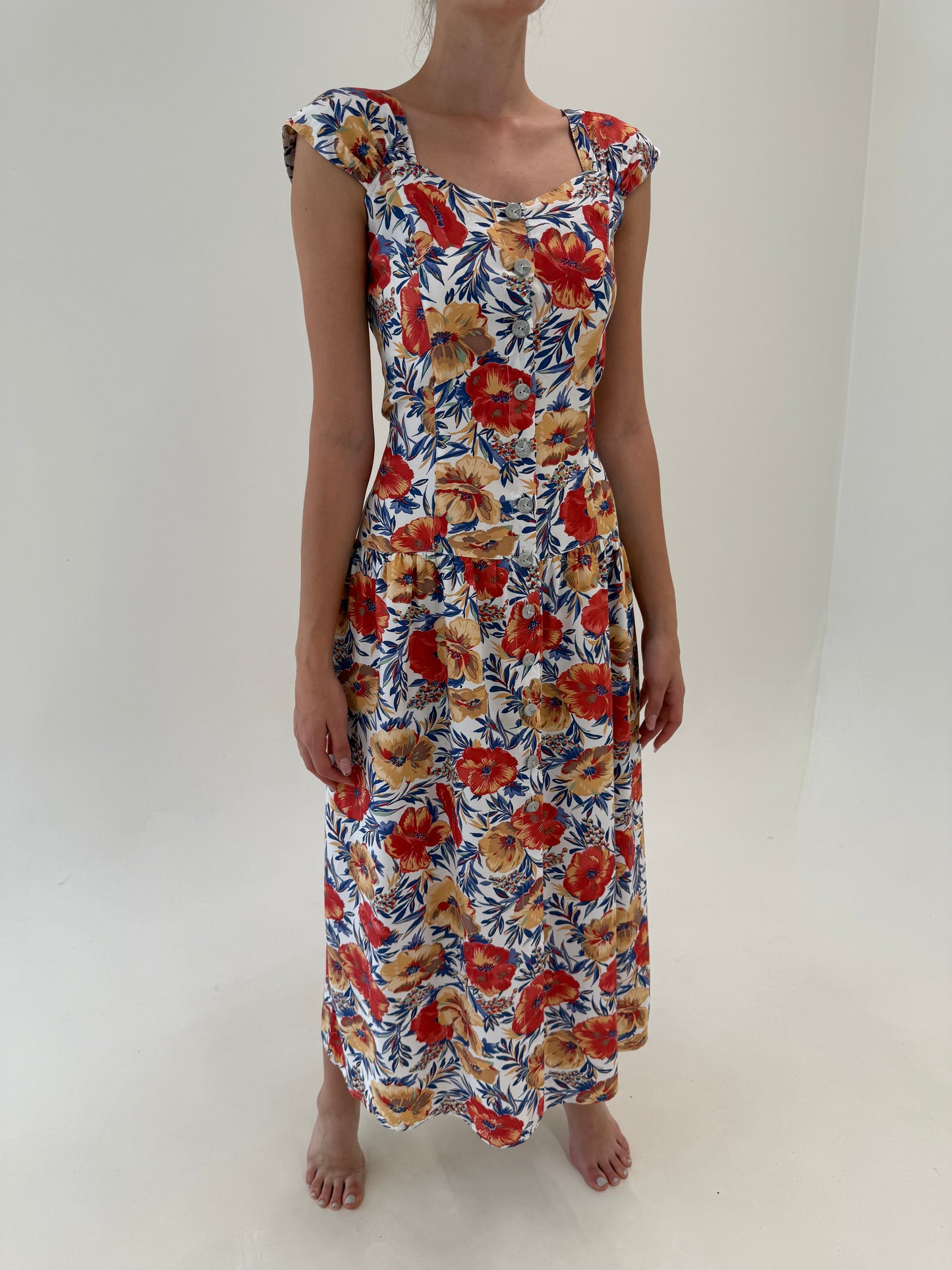Rochie vintage maxi super vaporoasă de vară cu decolteu inimă și print floral