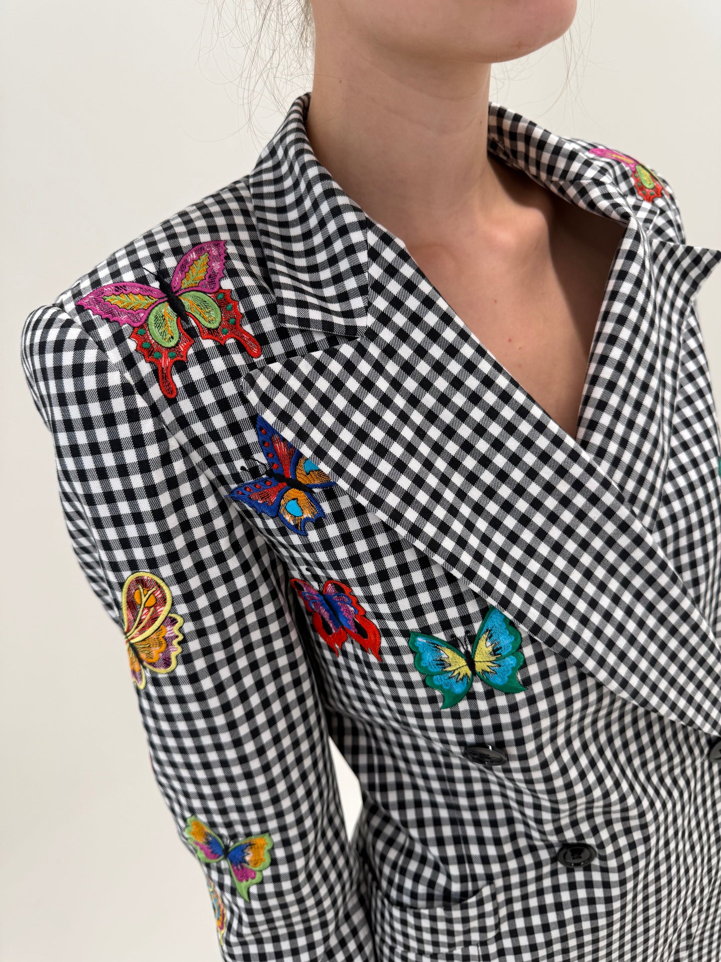 Sacou Escada vintage de vară în carouri alb negru cu închidere dublă și broderie