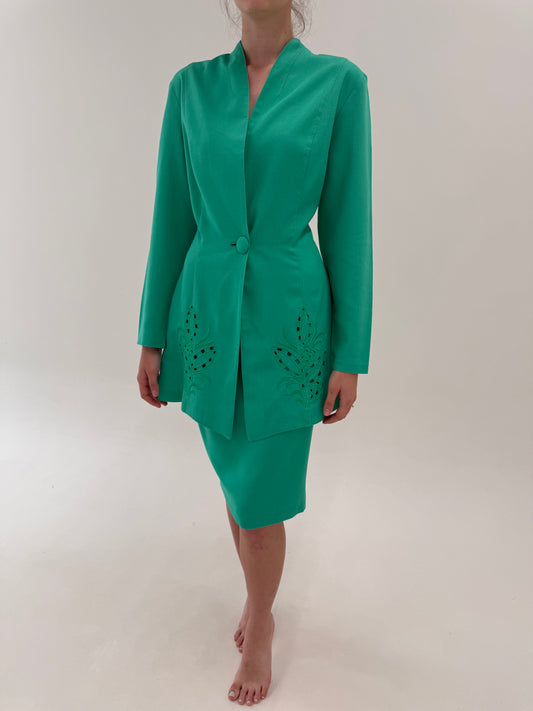 Costum vintage emerald green cu sacou cambrat și fustă creion din în și vâscoza