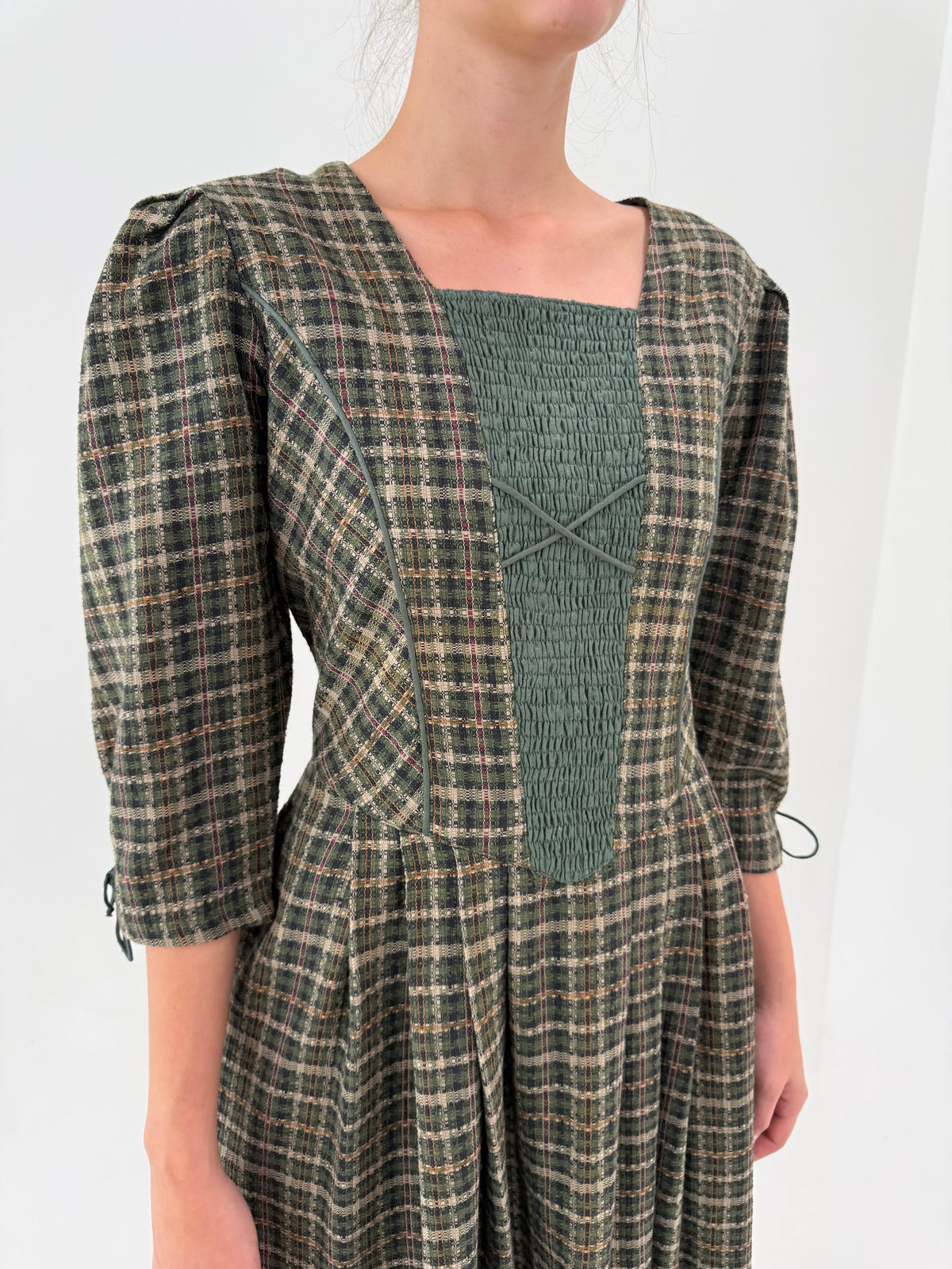 Rochie vintage maxi din tweed moale cu corsaj și buzunare în nuanțe de verde