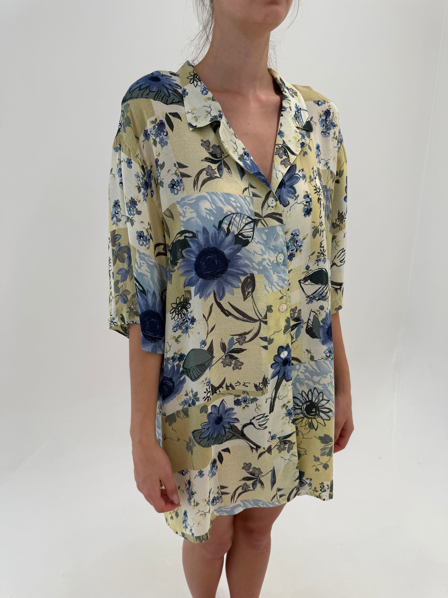 Set vintage super vaporos cu print floral în nuanțe de albastru