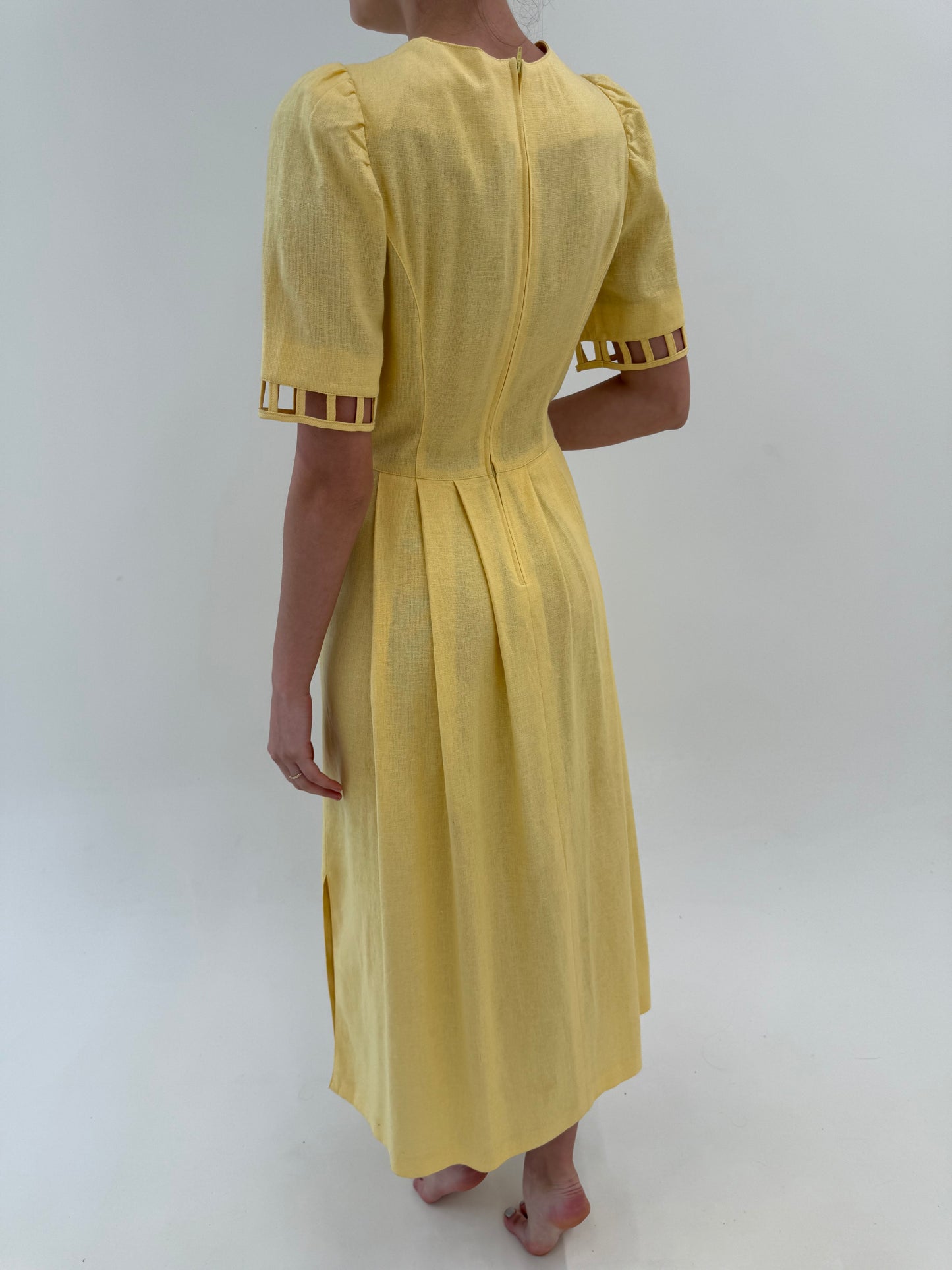 Rochie vintage maxi din pânză grea excepțională butter yellow cu corsaj