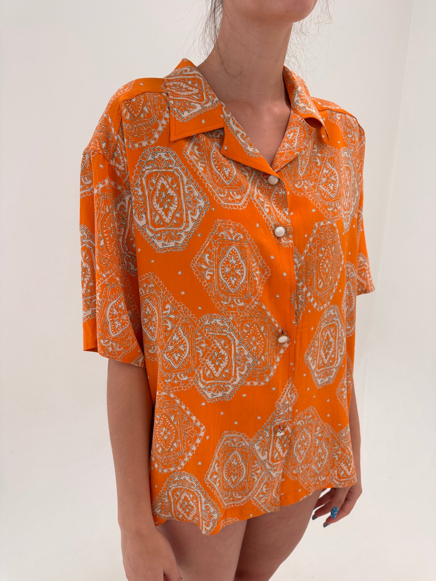 Cămașa vintage italiană oranj din mătase naturală cu print paisley