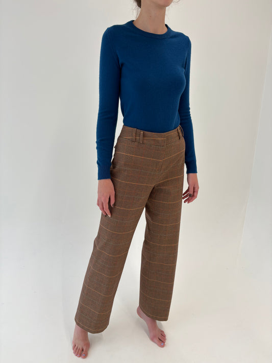 Pantaloni camel în carouri și croi drept din canvas gros modelator de bumbac