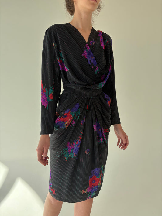 Rochie vintage italiană din mătase naturală cu talie ultra marcată și buzunare