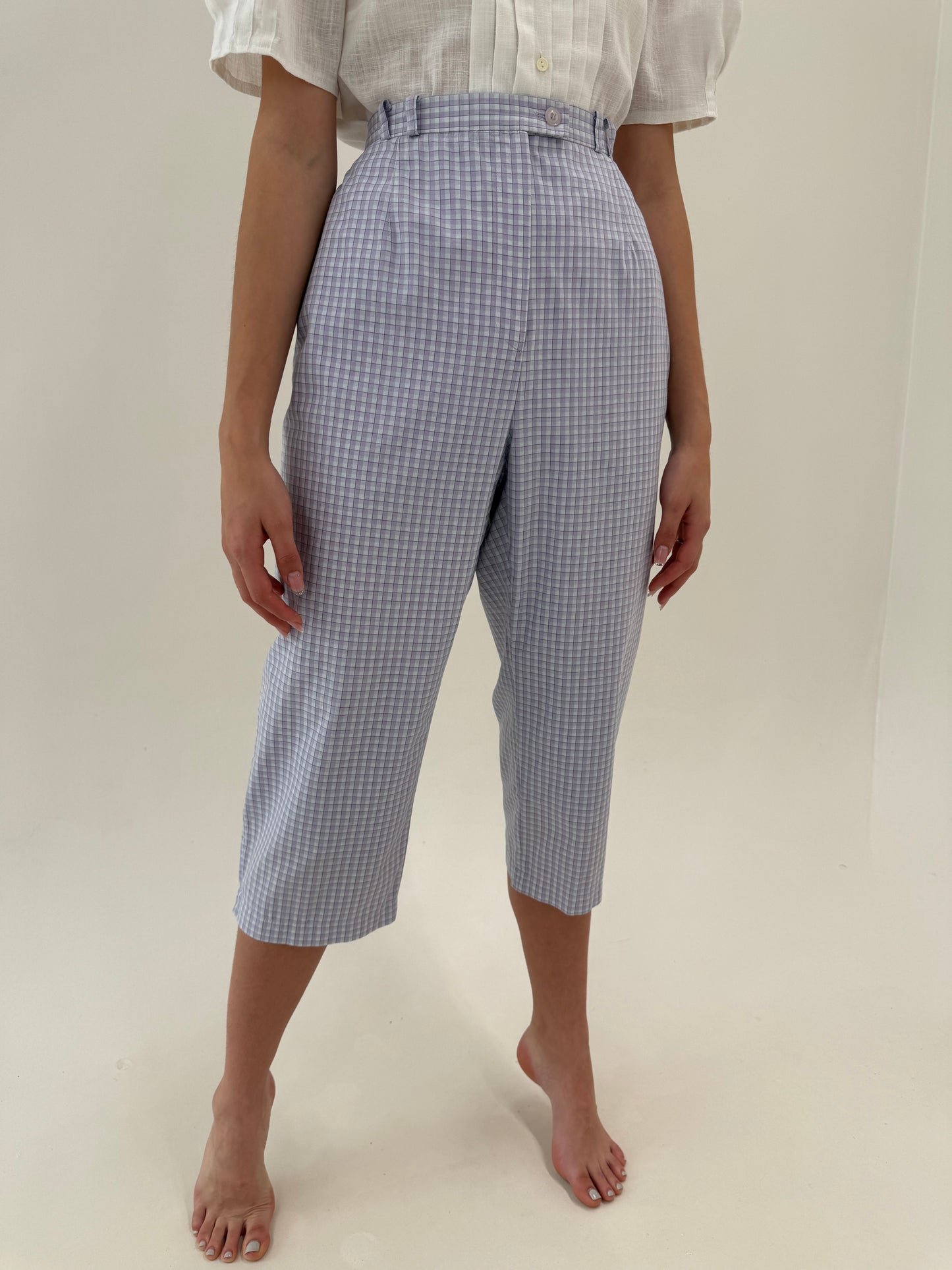 Costum vintage gingham lavandă din panzica de bumbac cu pantaloni capri super în trend