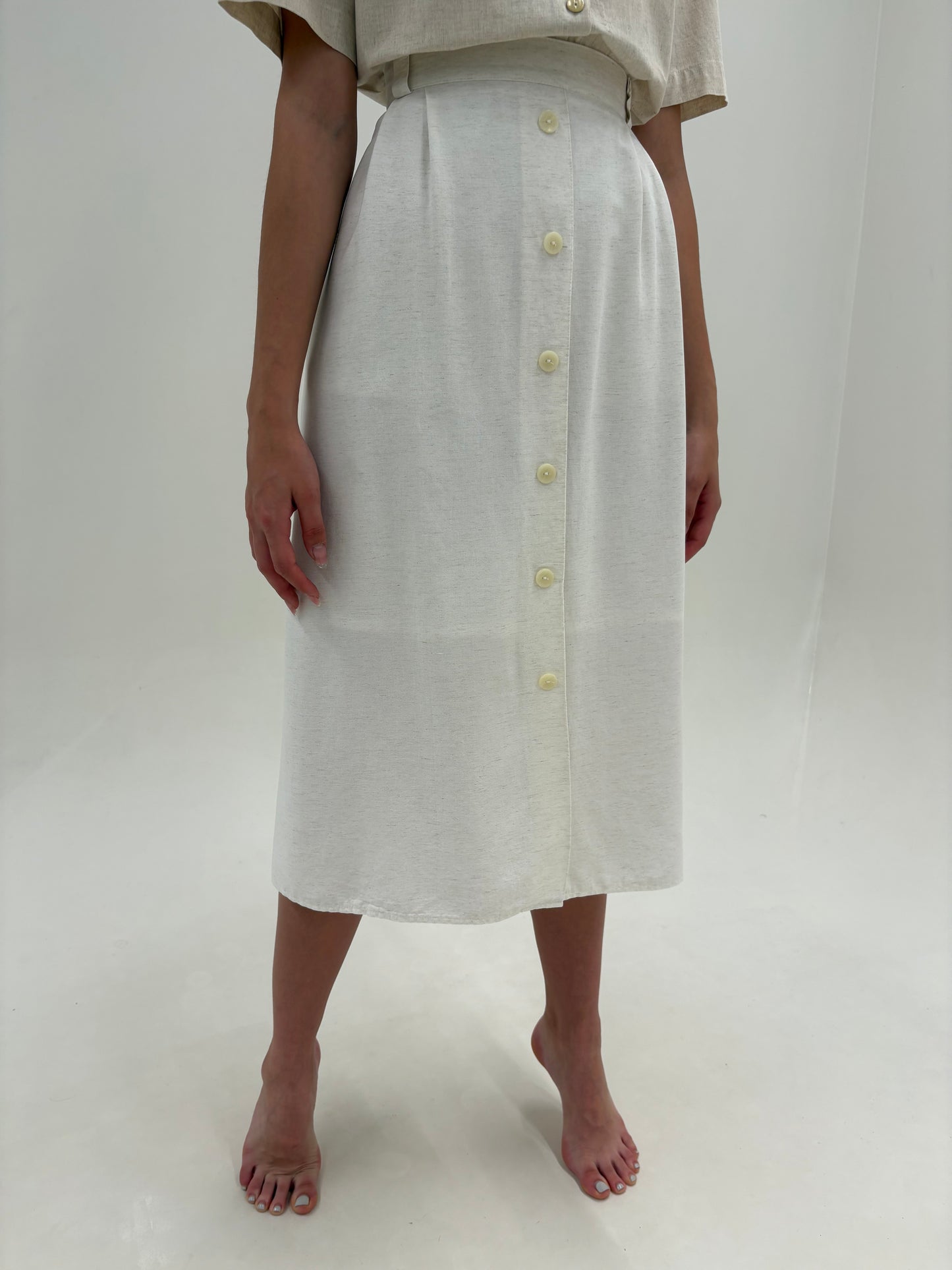Fustă vintage off white din pânză de bumbac midi lung cu talie ușor elastică