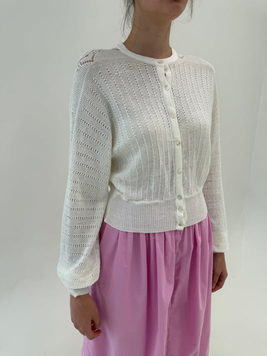 Cardigan vintage cambrat de vară din jerse natural dantelat cu mânecă amplă fluture