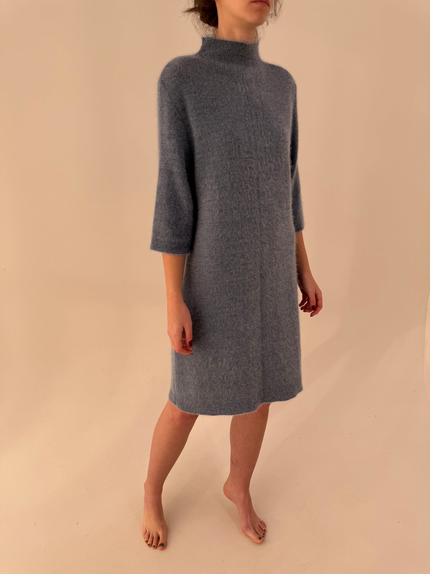 Rochie baby blue italiană din tricot texturat melanj în croi minimalist