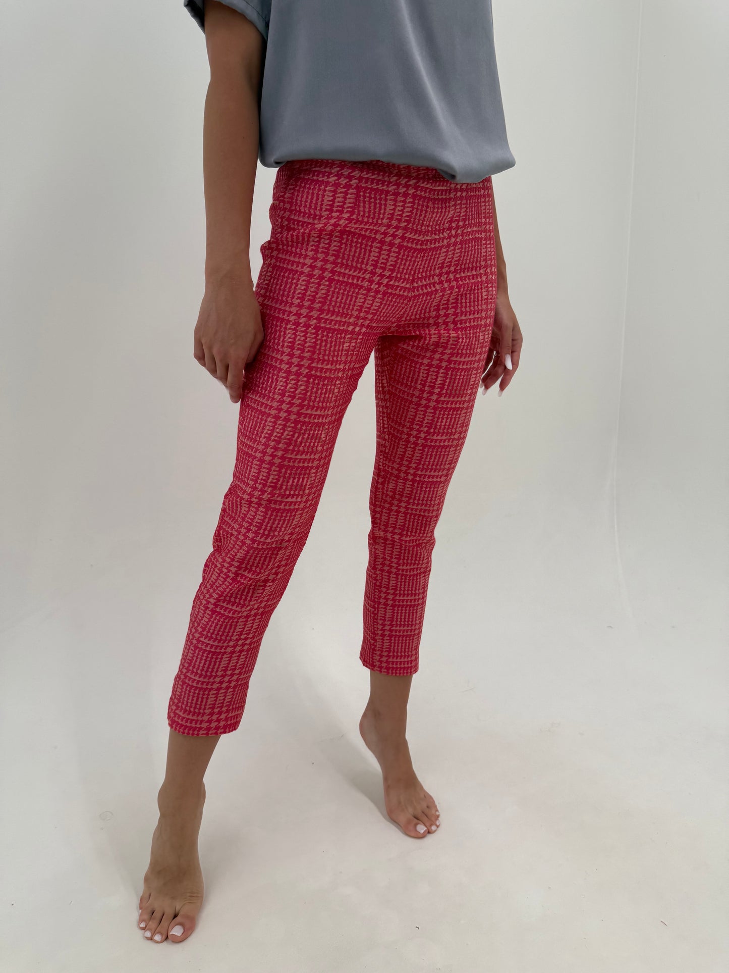 Pantaloni petite de designer italian pied de coq din jacquard cu talie ultra înaltă