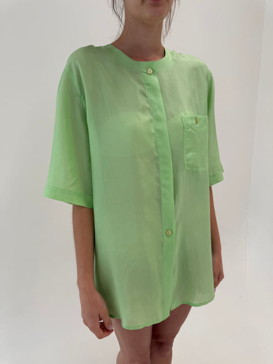 Camasa din mătase naturală verde crud în croi lung minimalist