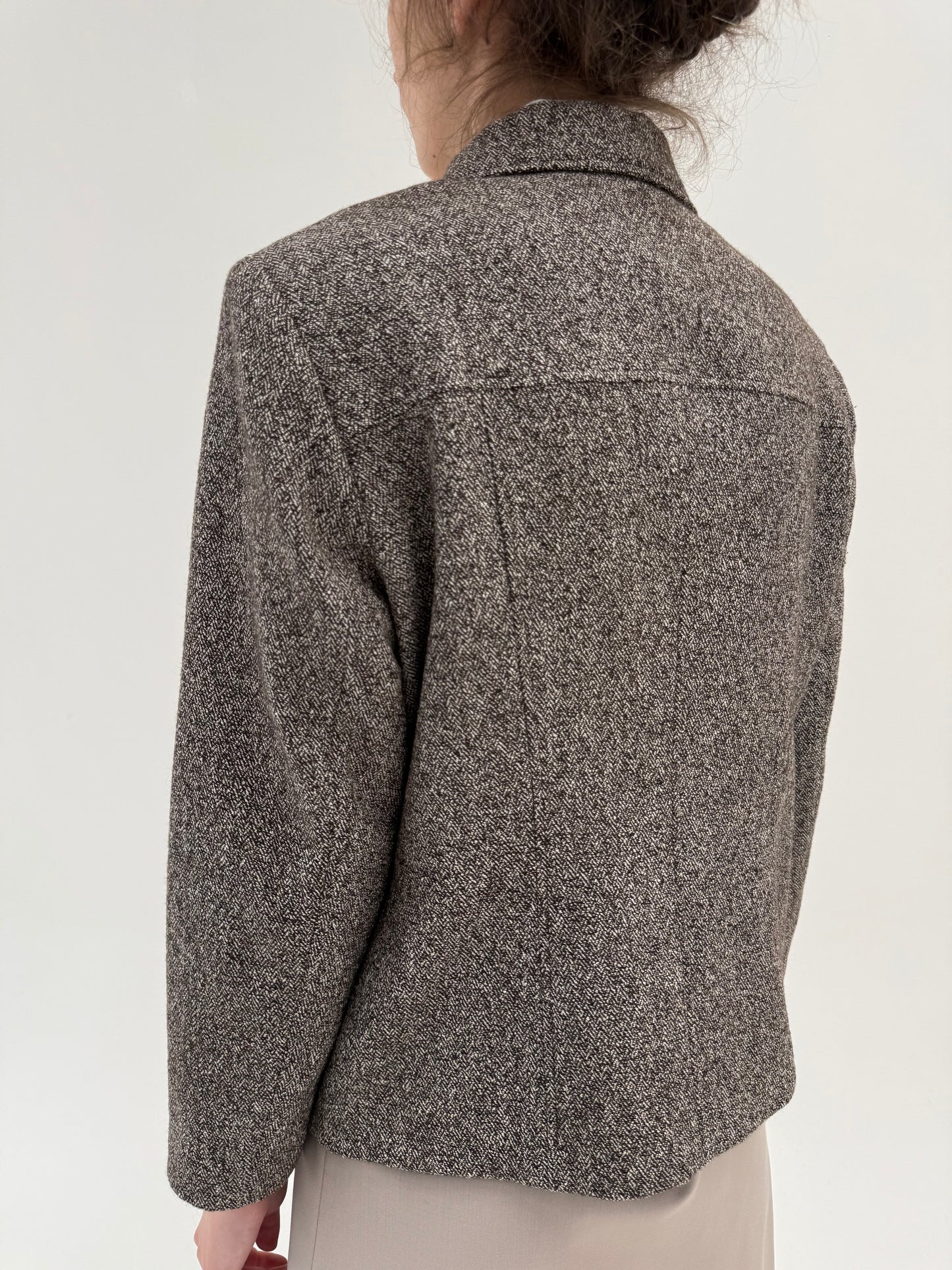 Jacheta din tweed de lana nude și chocolate brown în croi ușor cambrat