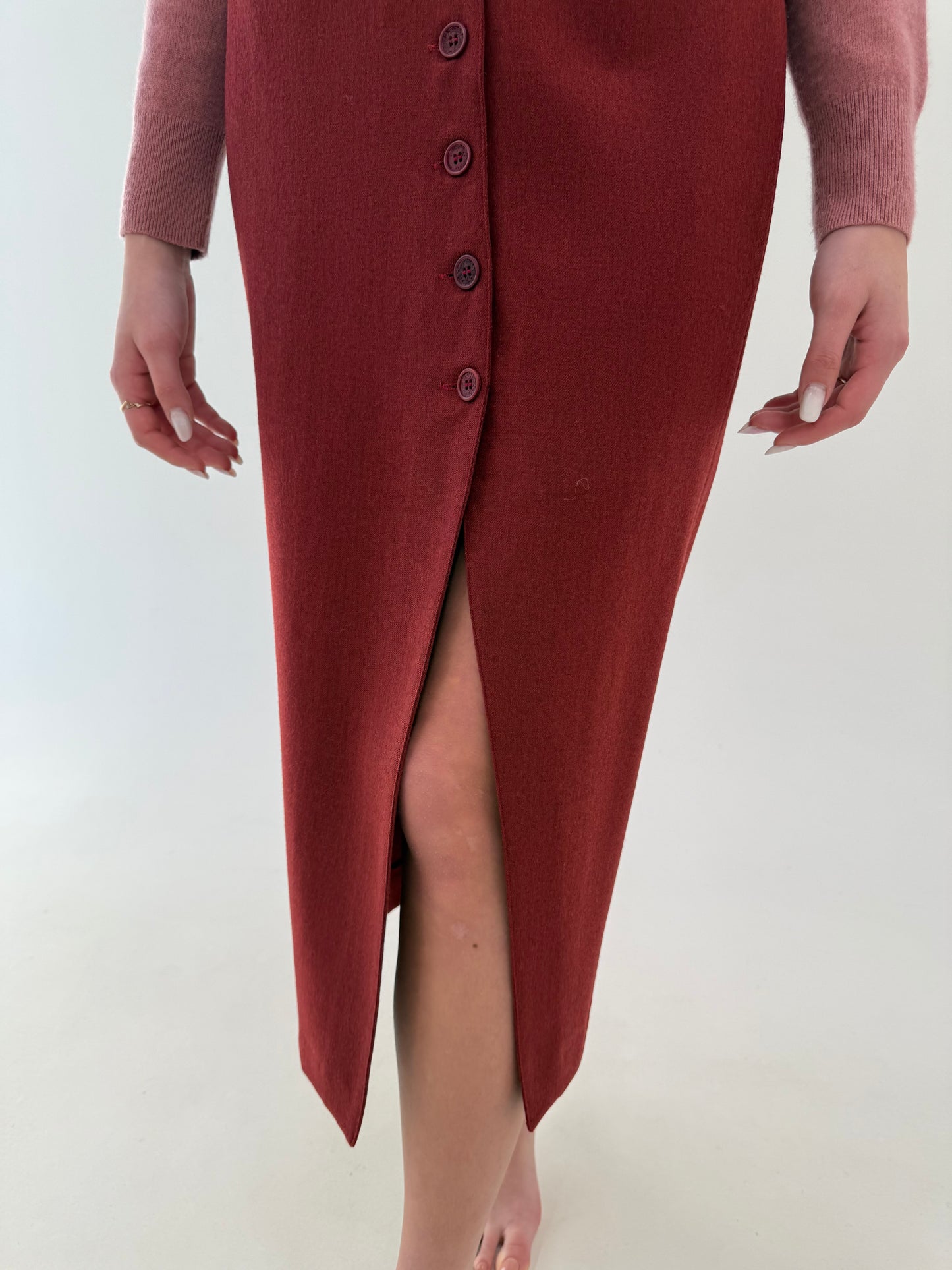 Deux piece vintage terracotta red cu fustă maxi și sacou cambrat