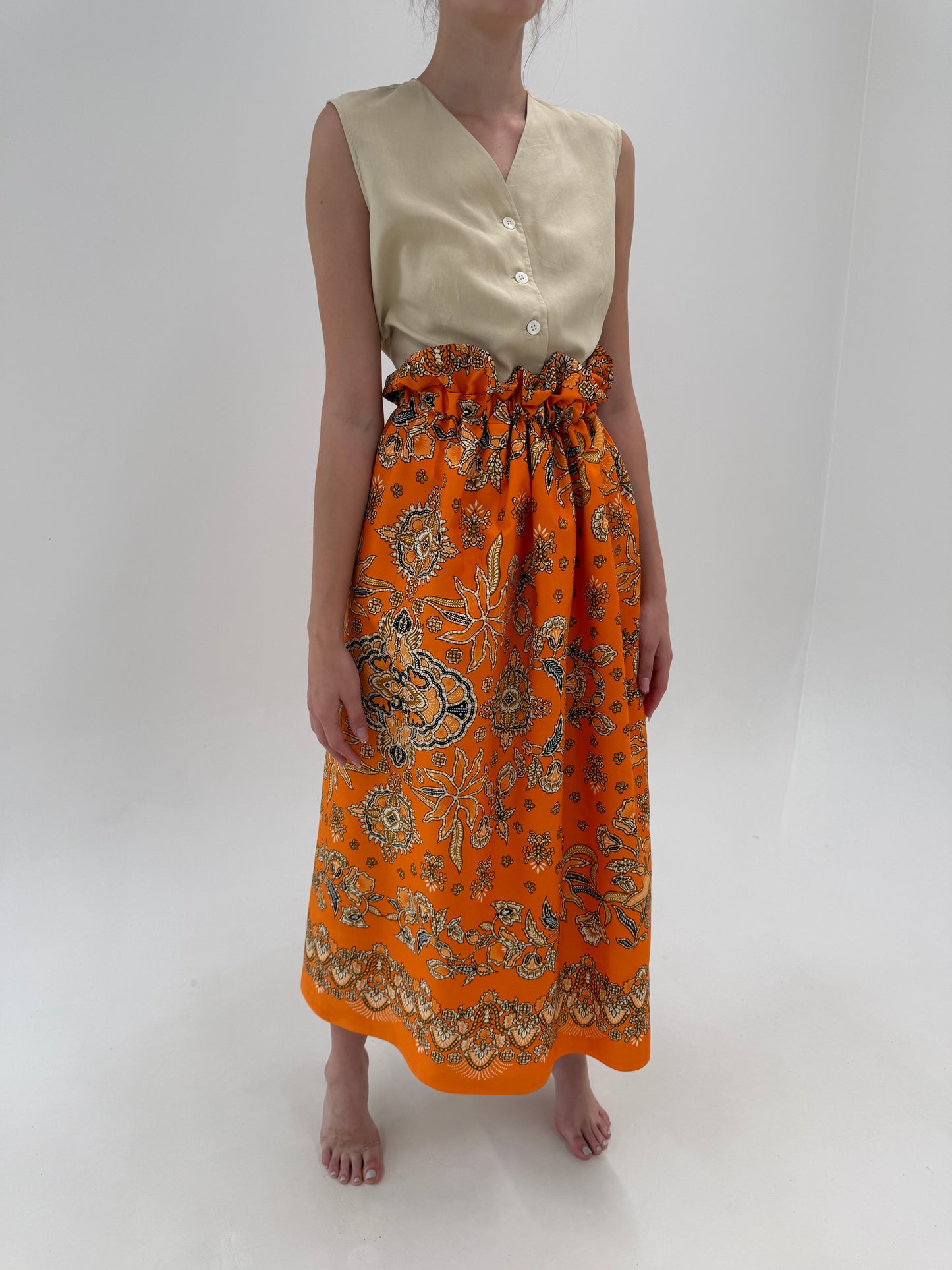 Fustă maxi din poplin excepțional cu print paisley pe oranj și talie ultra înaltă elastică
