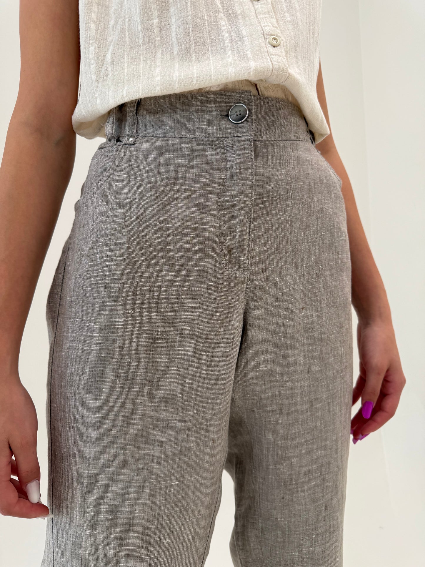 Pantaloni melanj warm gray si camel din in premium în croi drept