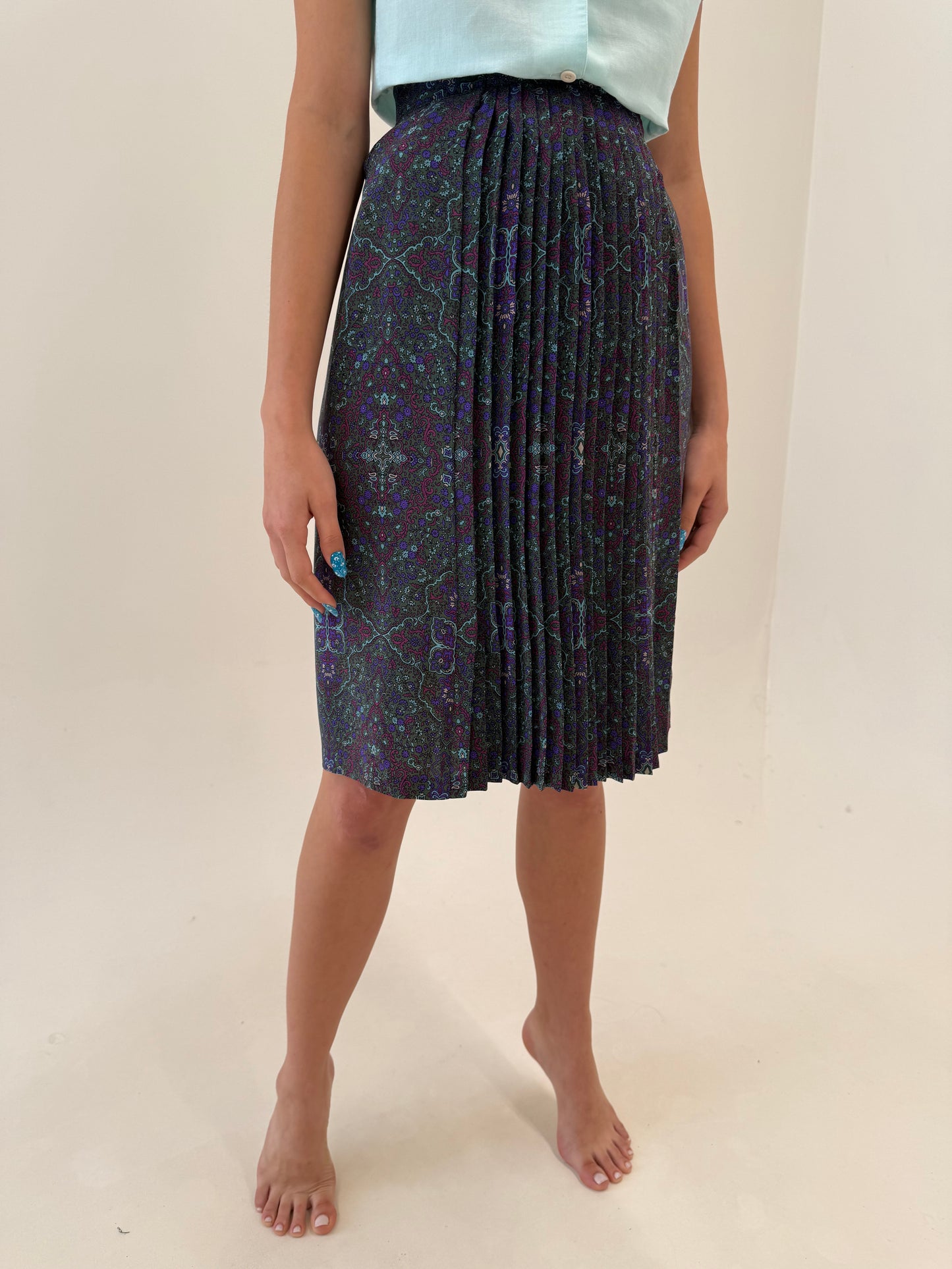 Fustă vintage petrecută plisată din mătase naturală cu print paisley