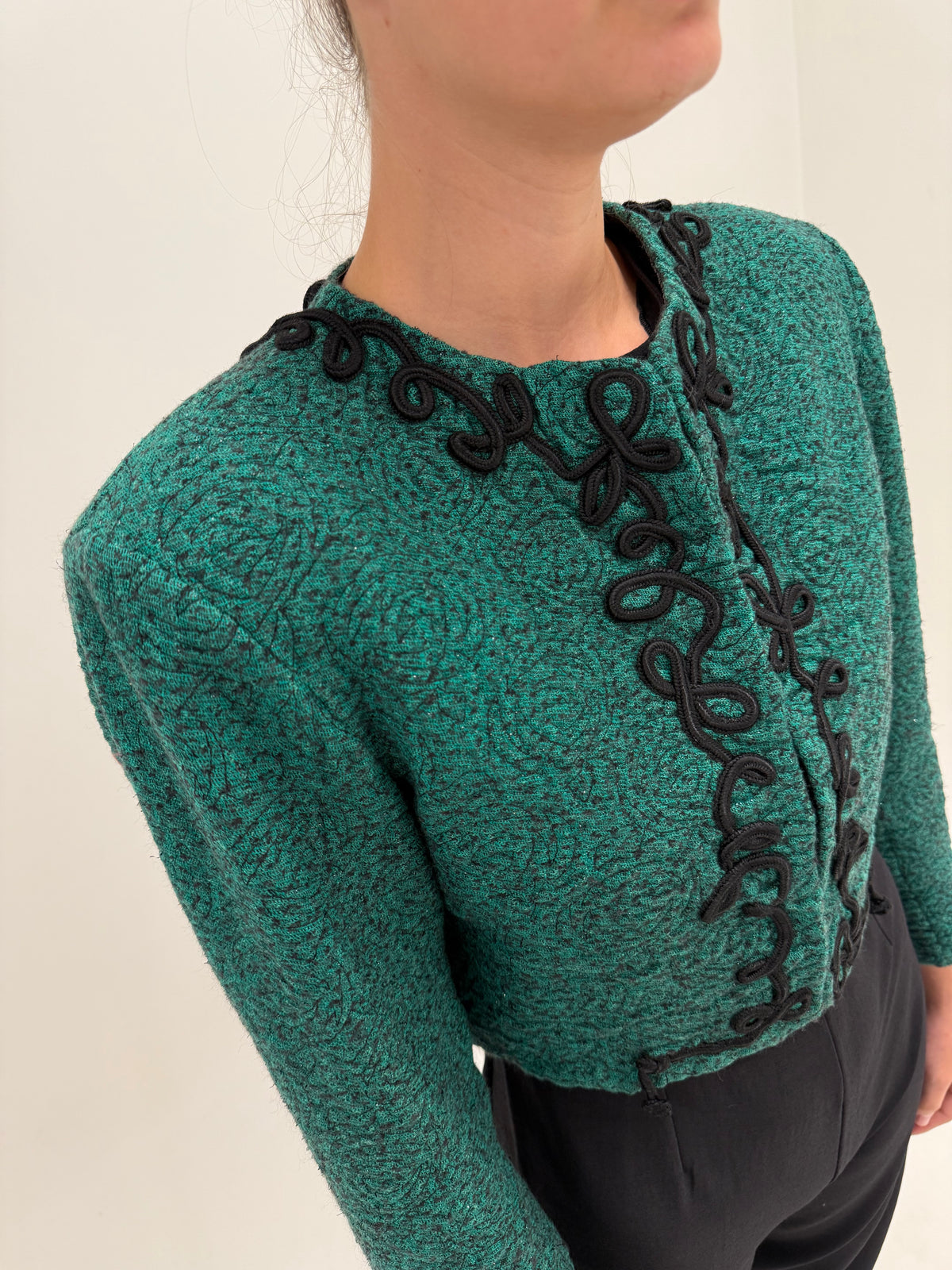 Sacou vintage excepțional din lana extrafina petite dark green cu aplicații manuale