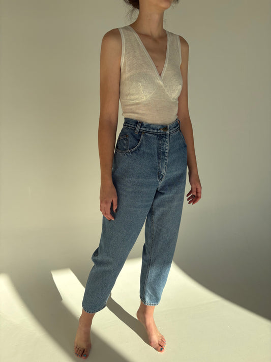 Jeans vintage mom fit cu ținuta și talie ultra înaltă