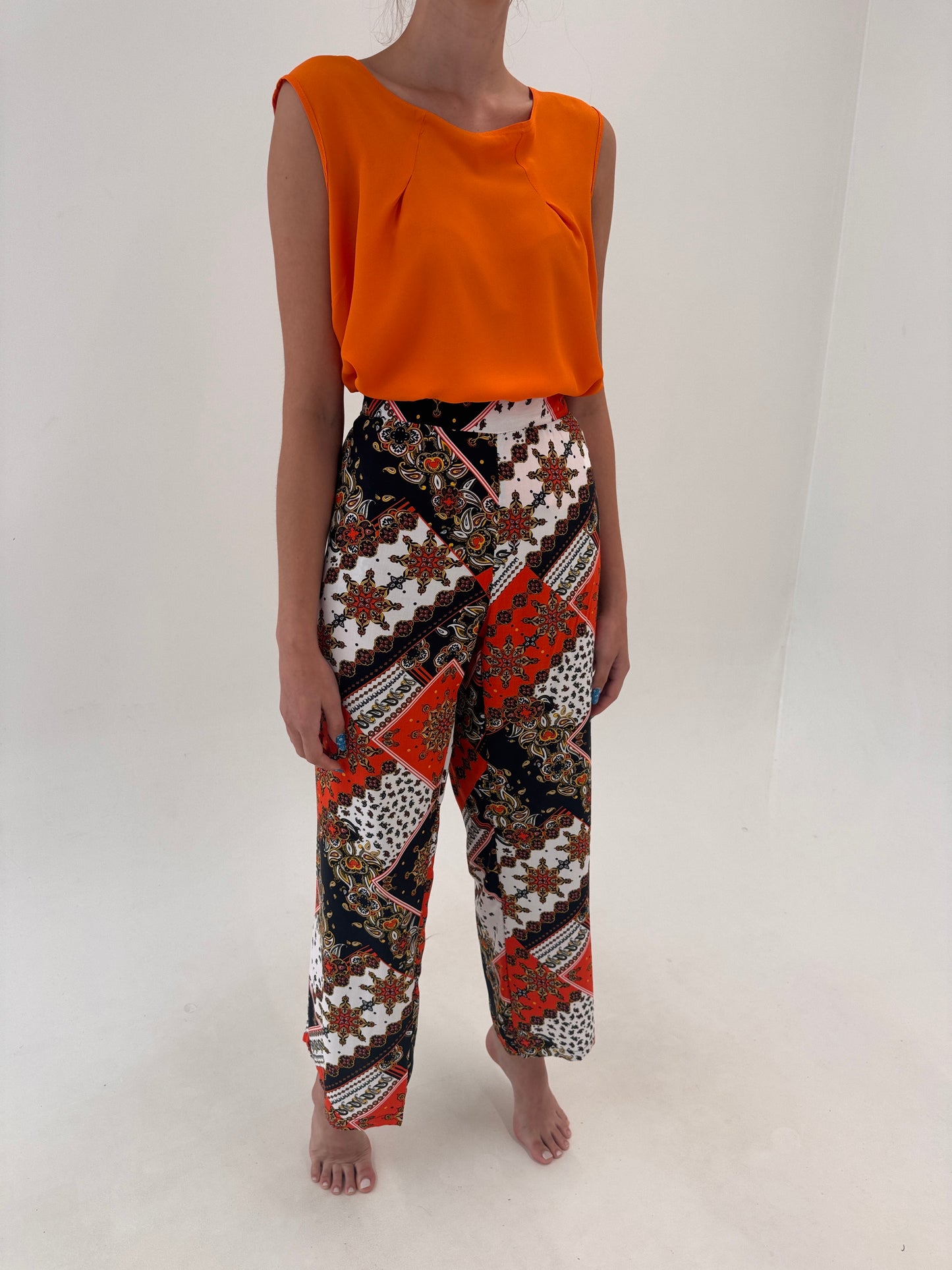 Pantaloni ultra vaporoși tall cu print baroc și talie elastică înaltă