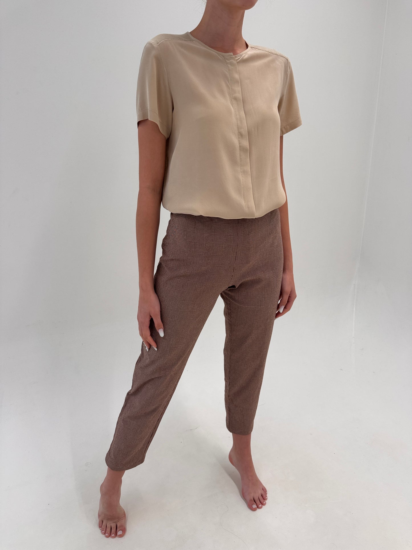 Pantaloni ultra confort modelatori Marella by Max Mata camel în carouri pied de coq