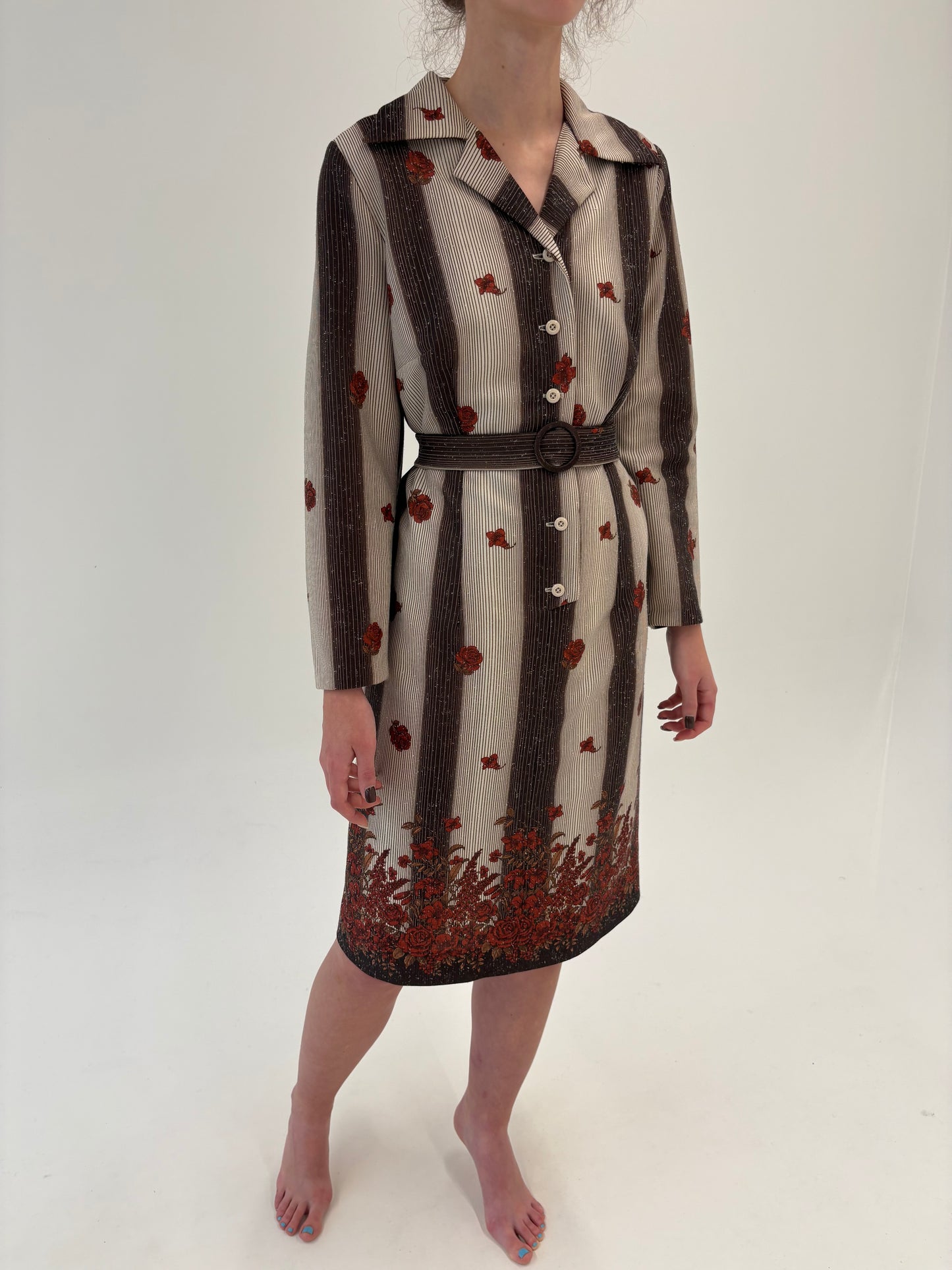 Rochie vintage din mix de lana cu print superb și talie marcată reglabilă