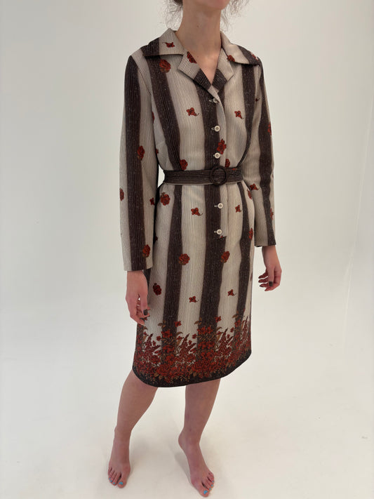 Rochie vintage din mix de lana cu print superb și talie marcată reglabilă