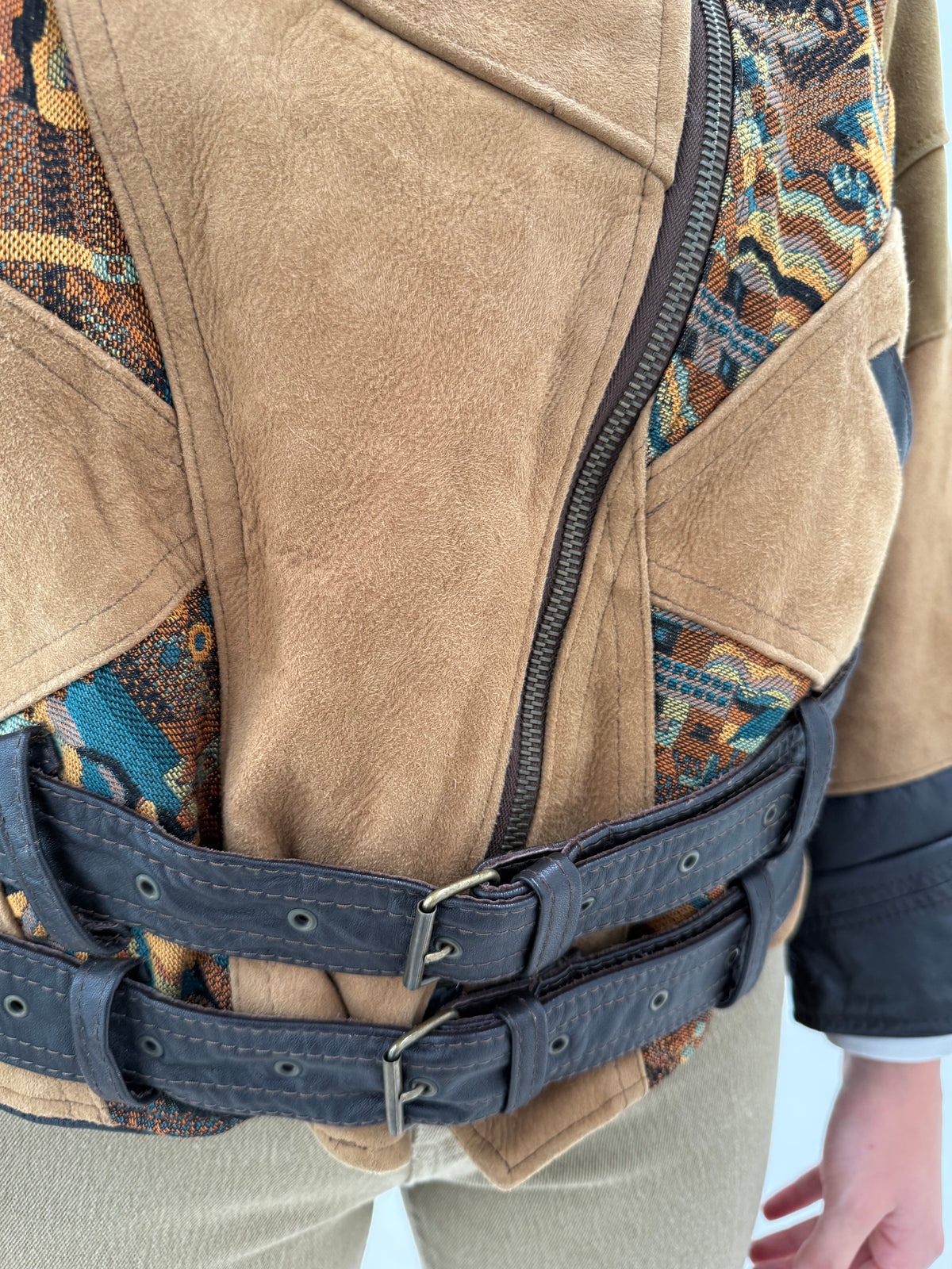 Geaca biker petite vintage camel din piele naturală și brocart