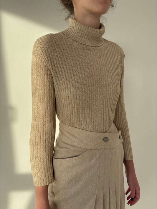 Maleta light nude din lana extrafina cu inserții delicate de lurex light gold