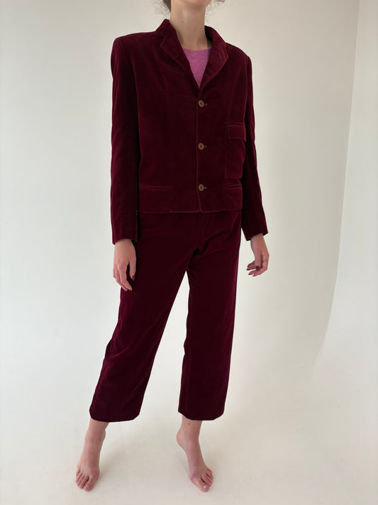 Costum italian burgundy din catifea luxoasă de bumbac