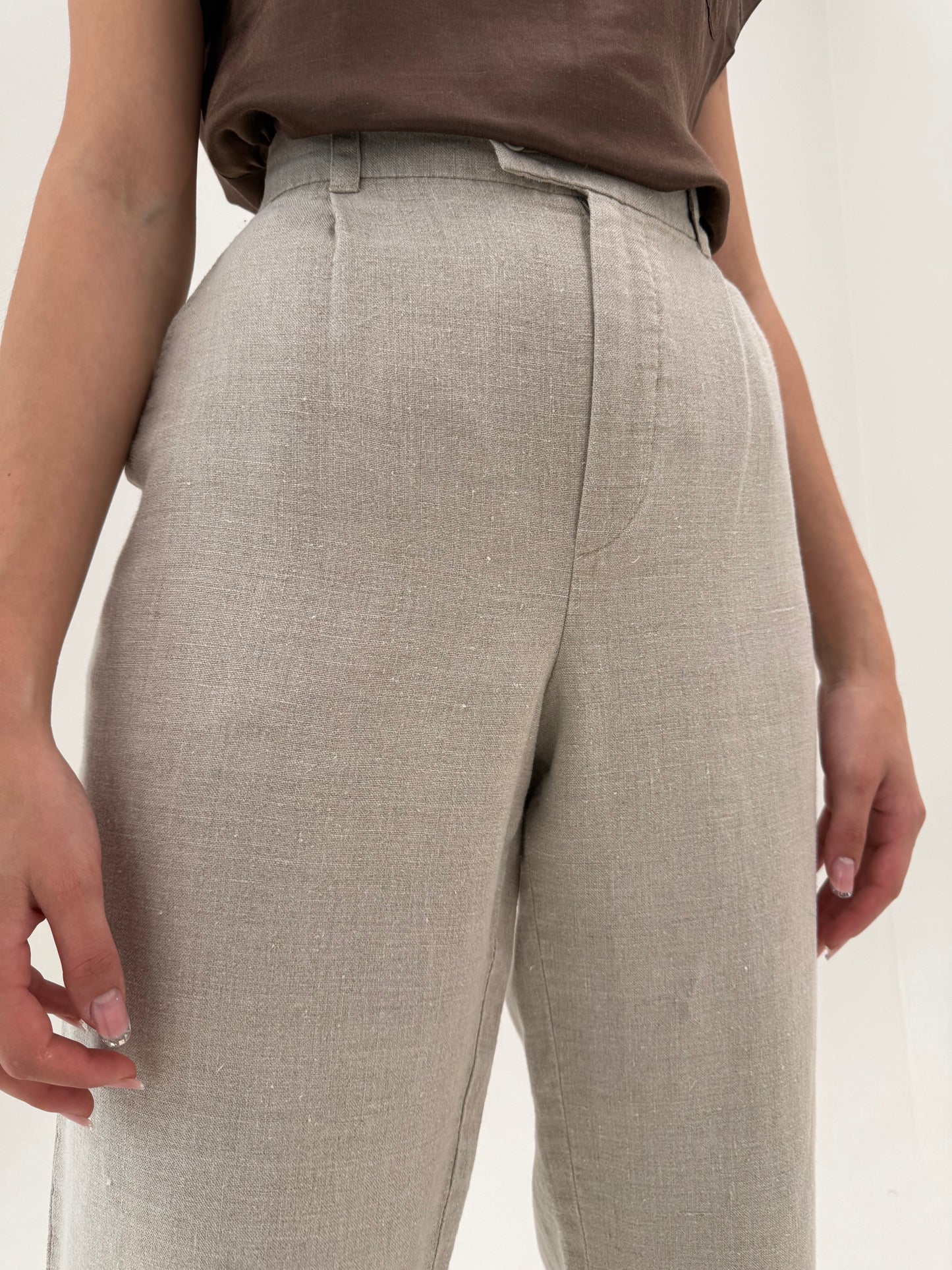 Pantaloni sand nude din pânză excepțională de in cu talie ultra înaltă tall