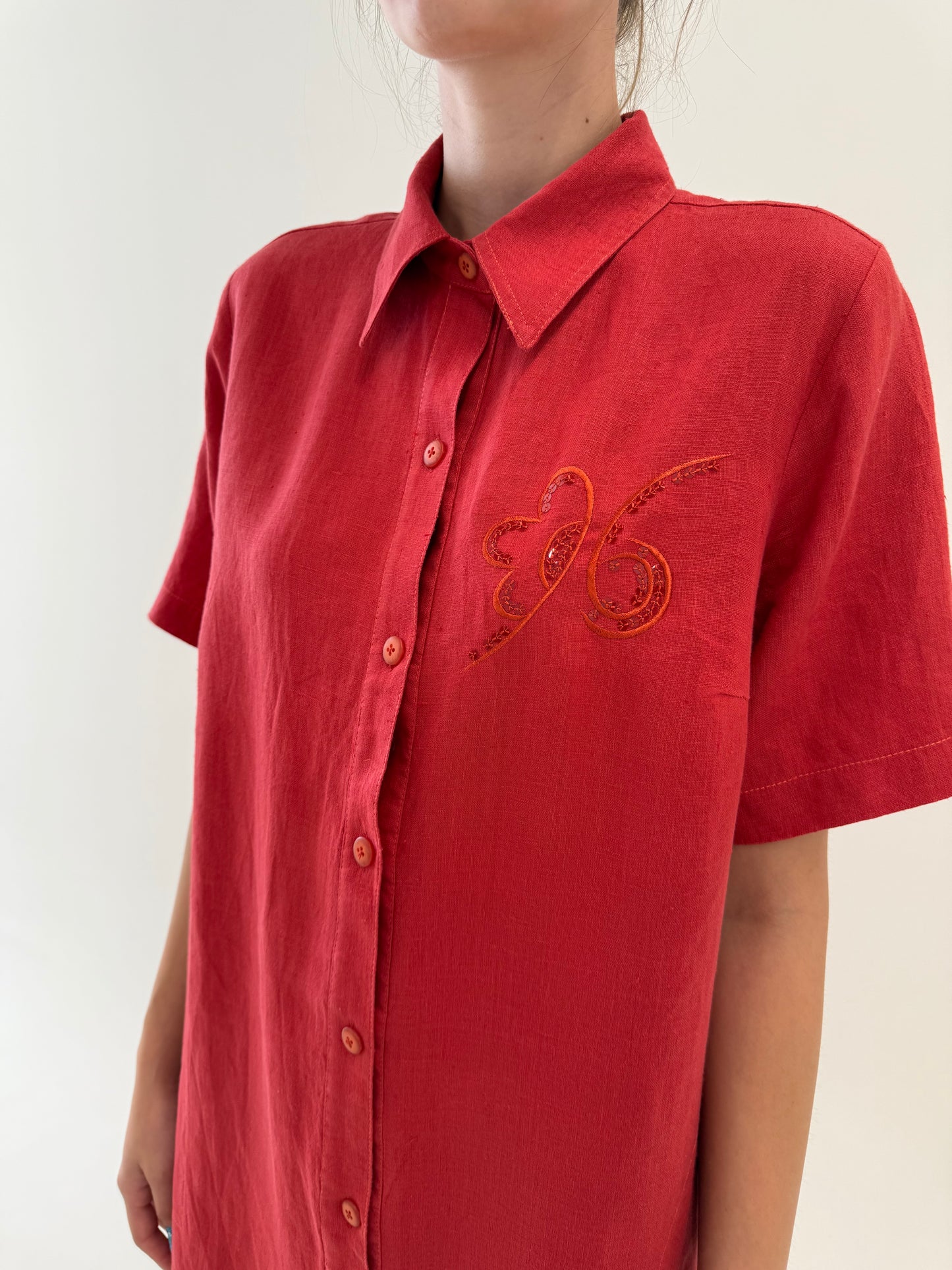 Rochie italiană brick red din in excepțional cu broderie