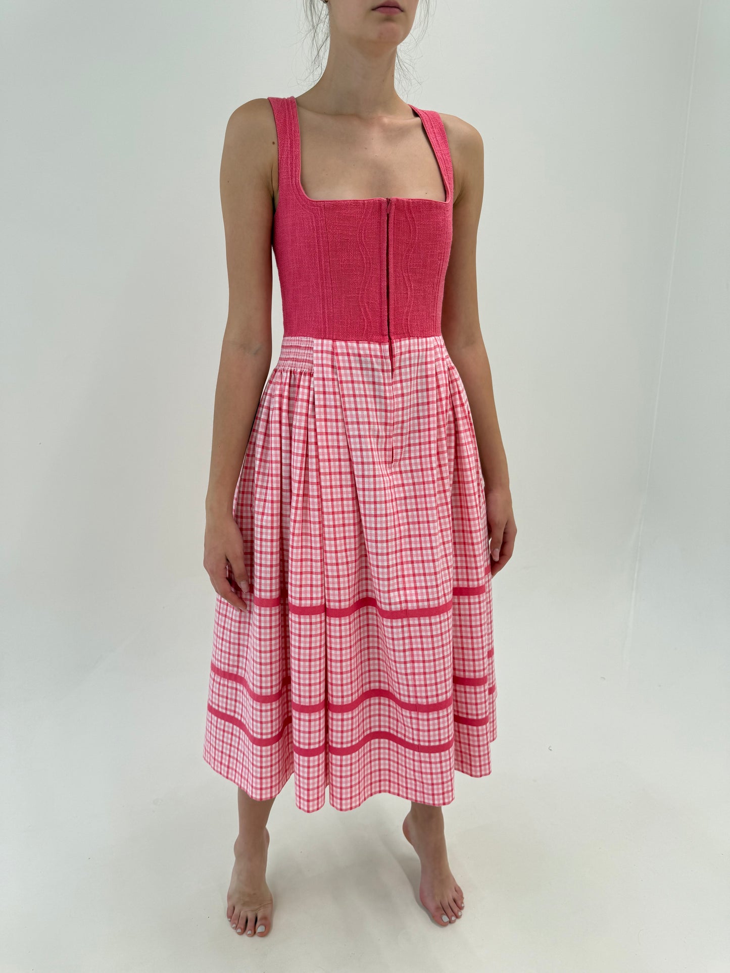 Rochie vintage maxi cu corsaj Barbie pink din pânză de in și bumbac