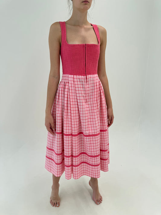 Rochie vintage maxi cu corsaj Barbie pink din pânză de in și bumbac
