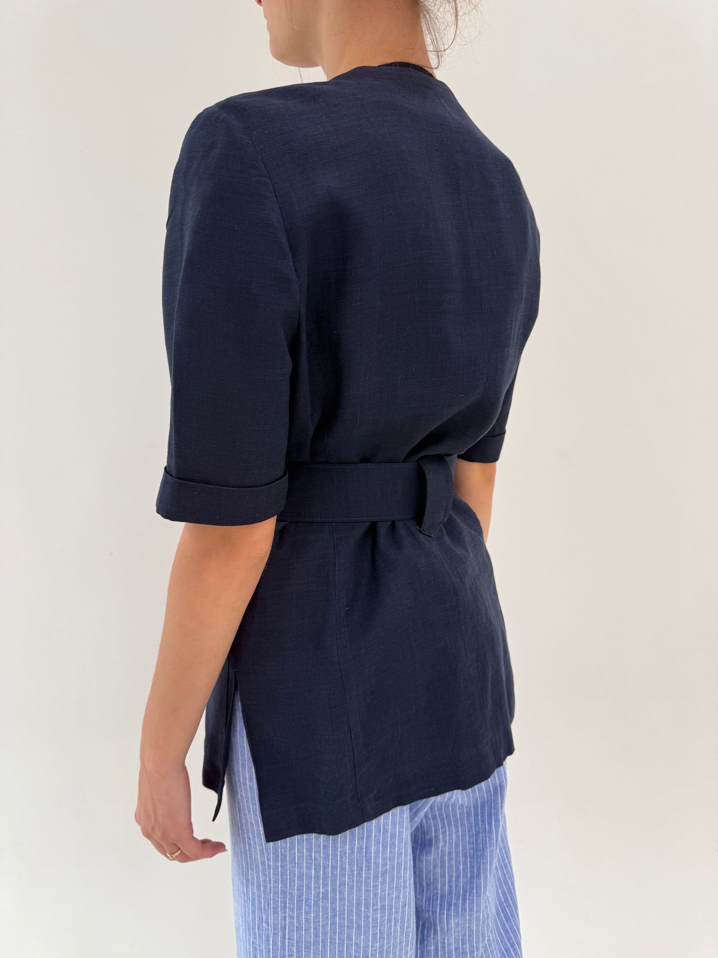 Jacheta din pânză navy blue cu talie marcată reglabilă