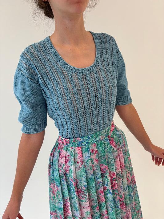 Top vintage baby blue din bumbac tip macrame