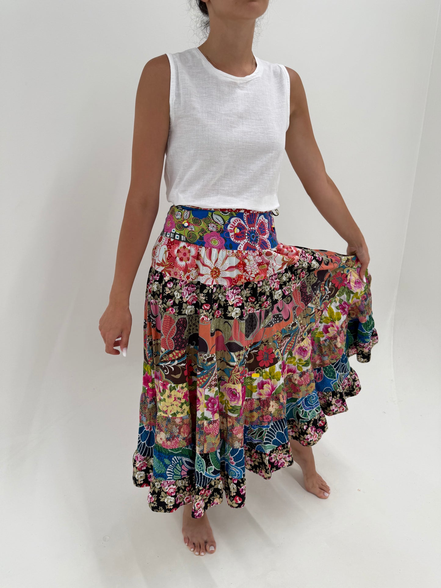 Fusta maxi din panzica extrafina de bumbac lucrata patchwork cu print