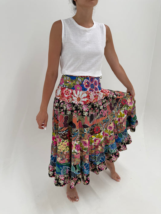 Fusta maxi din panzica extrafina de bumbac lucrata patchwork cu print