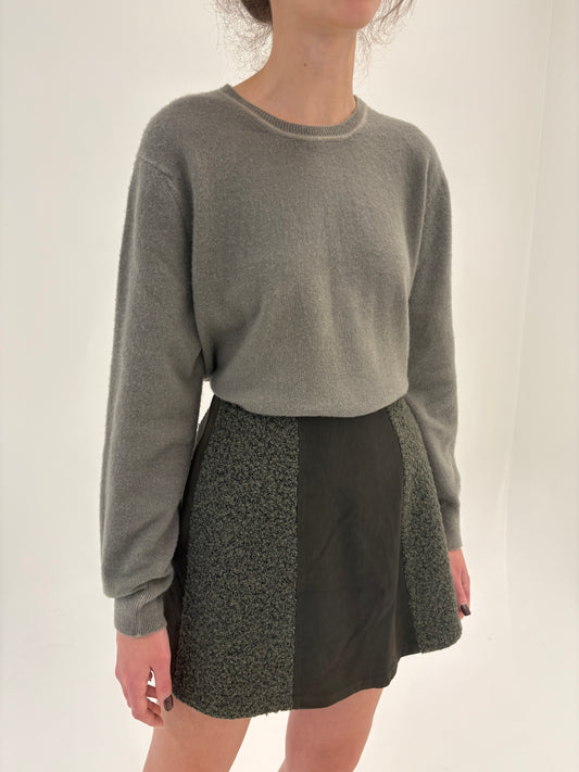 Fustă forest green din piele naturală și boucle de lana cu talie ultra înaltă