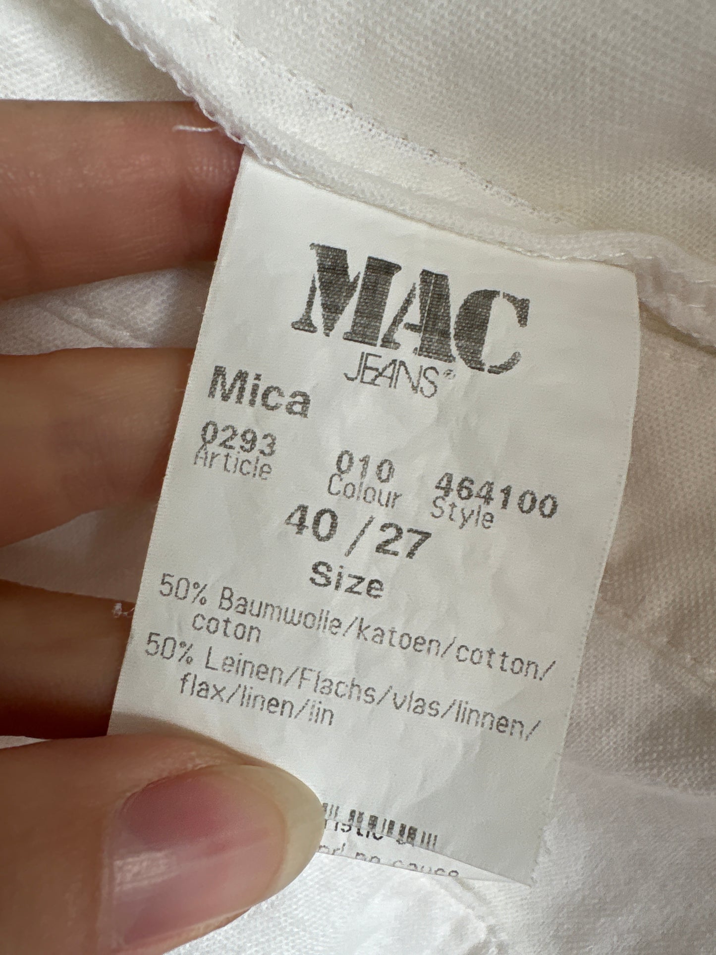 Pantaloni albi țigaretă cu talie înaltă din pânză excepțională de in și bumbac