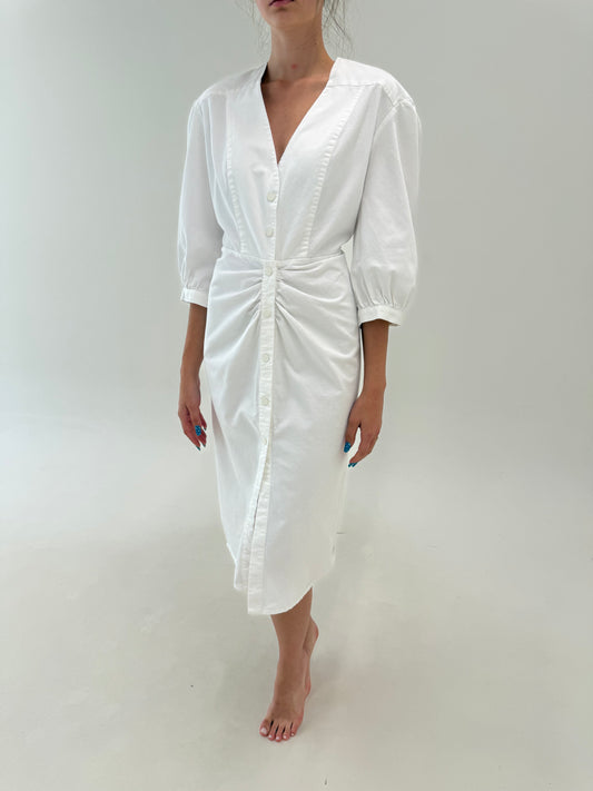 Rochie cu talie fronsata din canvas de bumbac cu mâneci ușor bufante