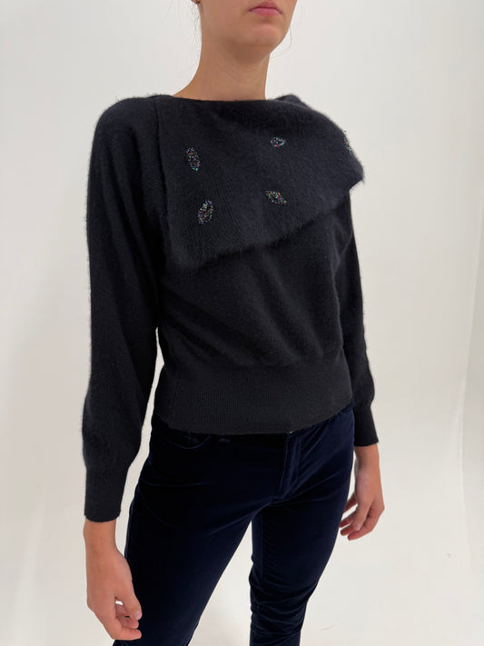 Pulover vintage negru din Angora cu guler supradimensionat