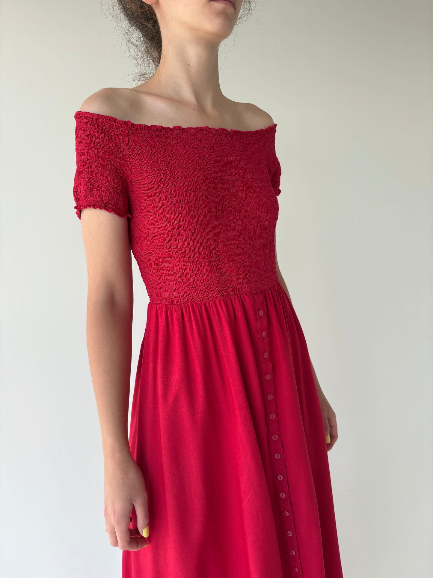 Rochie maxi roșu superb cu bust și talie elastice texturate