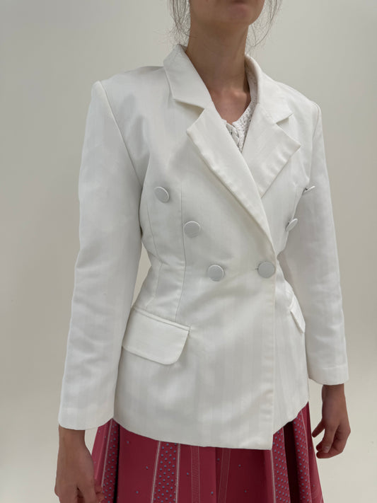 Sacou vintage ultra cambrat în stil ‘bar jacket’ cu revere late și închidere dublă