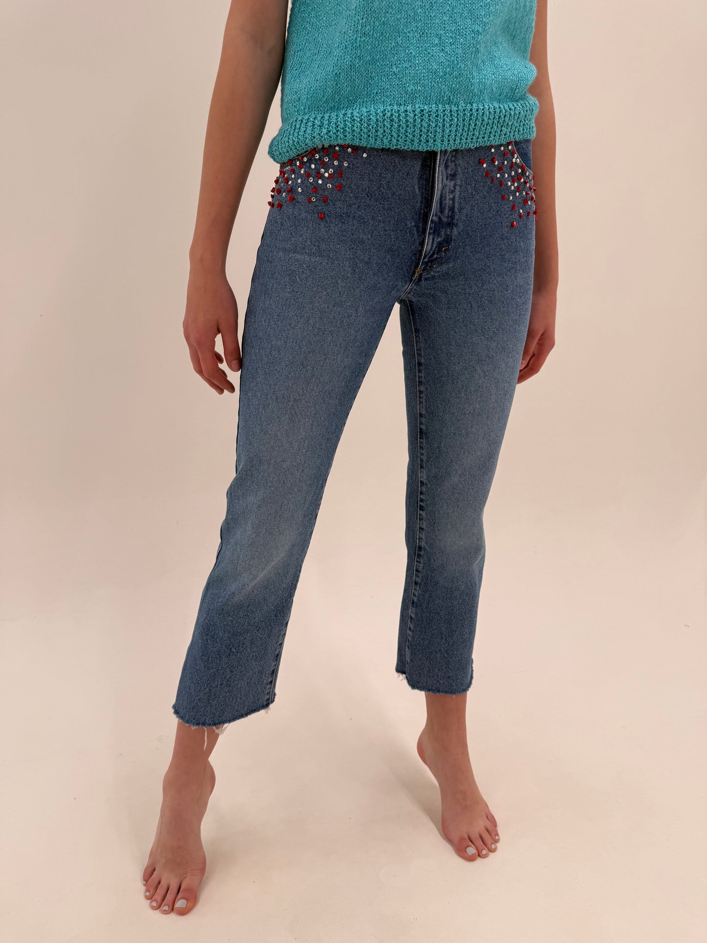 Jeans vintage petite Blumarine de vară cu aplicații în croi super revenit în trend
